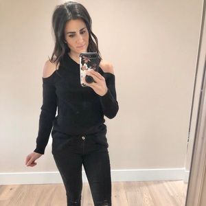 Black cold shoulder ribbed sweater